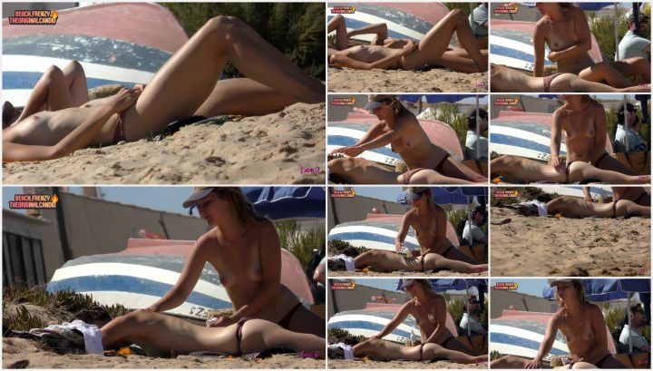 Peeping on topless girl rubbing lotion